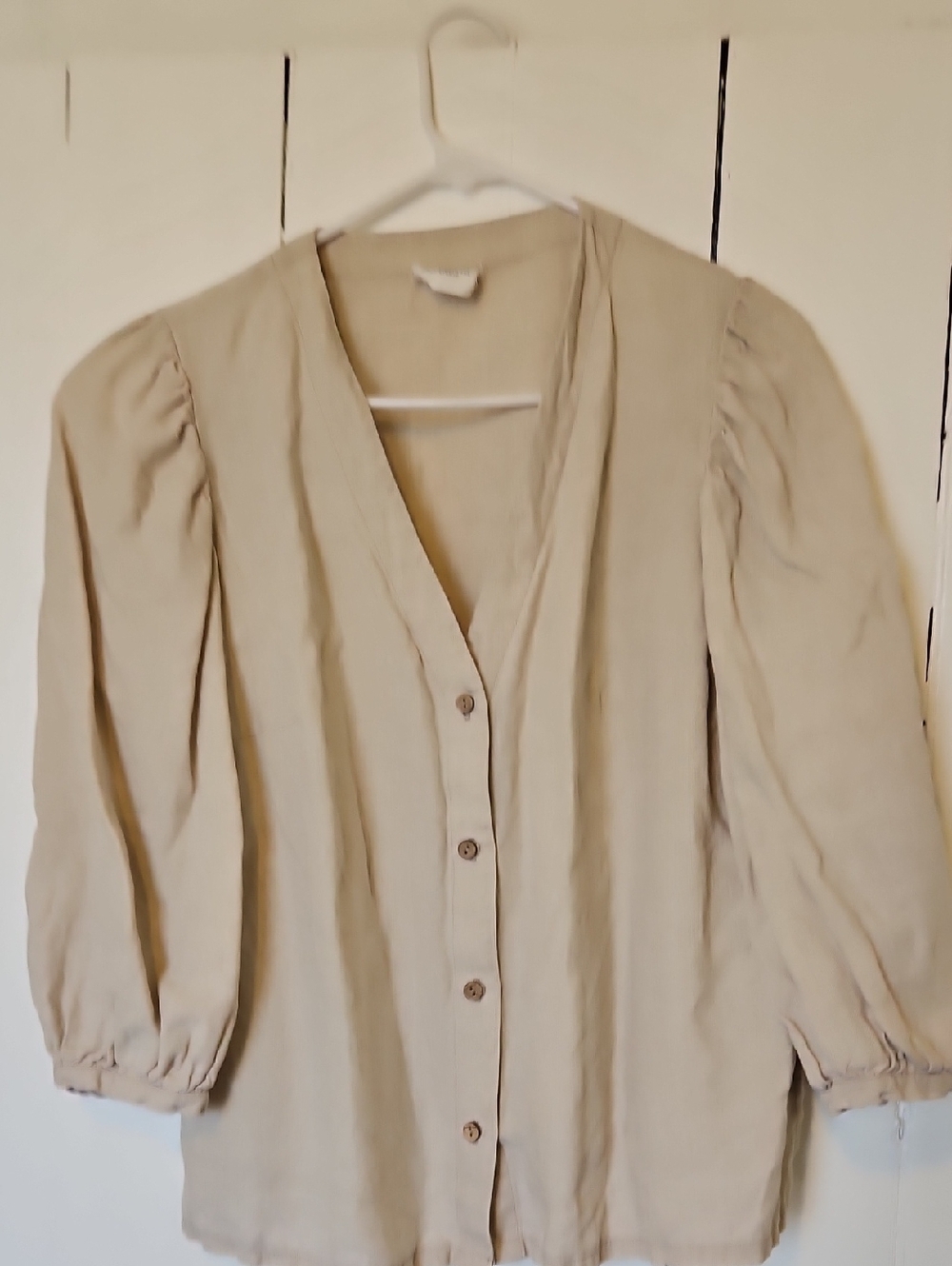 Linden Cream Button-Front V-Neck Blouse with Subtle Puff Sleeves